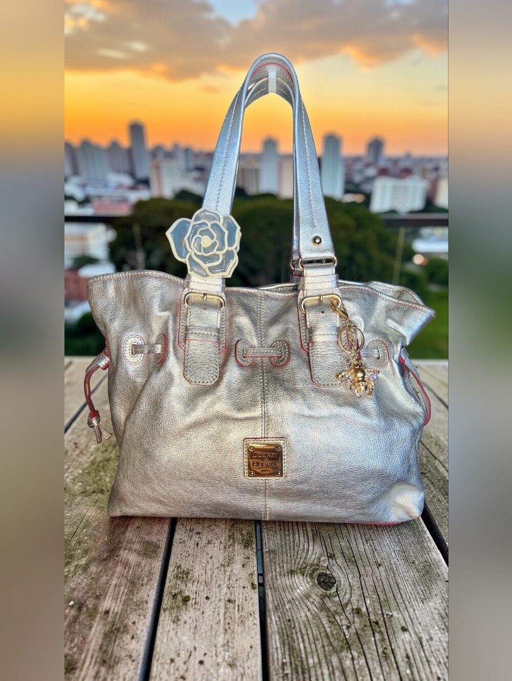 Dooney & Bourke Chiara Metallic Silver Leather Shoulder Bag With Dust Bag